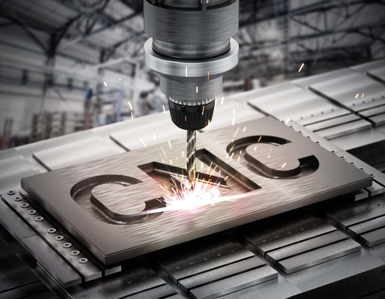 Closeup of generic CNC drill equipment. 3D illustration.